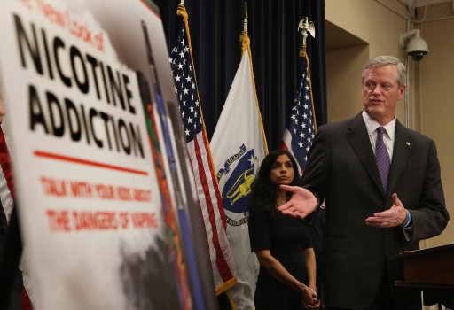 BOSTON MA. - SEPTEMBER 24:  Gov. Charlie Baker declared a public health emergency due to vaping-related lung illnesses and announced a four-month ban on the sale of vaping related products during a press conference at the State House on September 24, 2019 in Boston, MA. (Staff Photo By Nancy Lane/MediaNews Group/Boston Herald)
